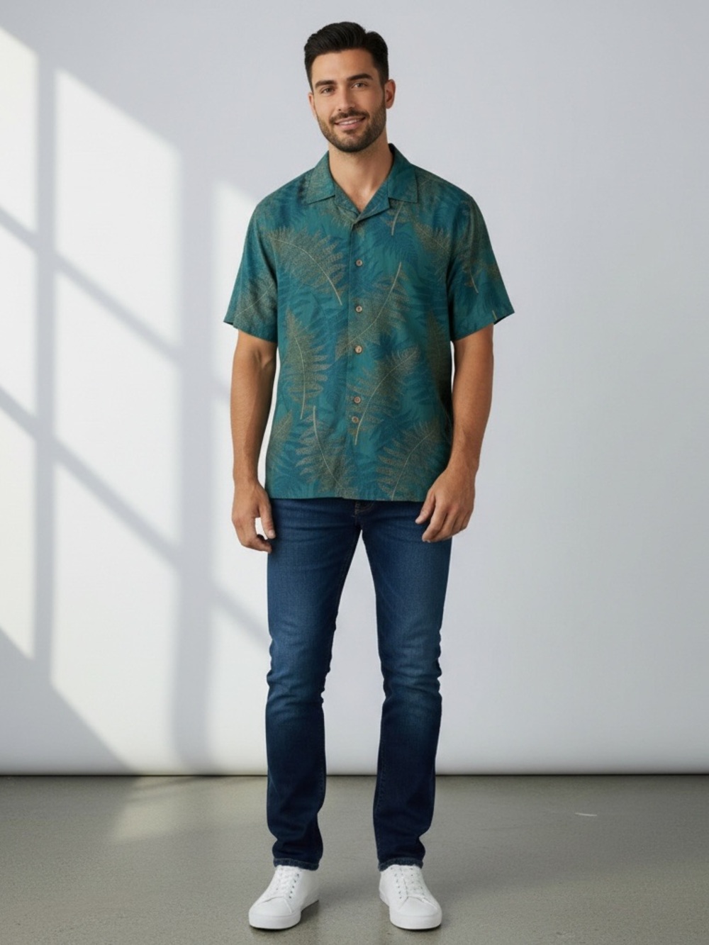 Carribean Men's Teal Short-Sleeve Tropical Button-Down Shirt Size Large